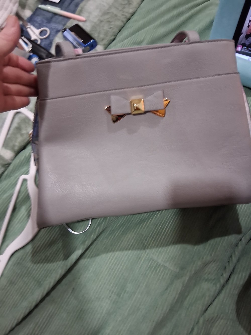 Betsey Johnson Light Gray Shoulder Bag with Gold Bow Accent